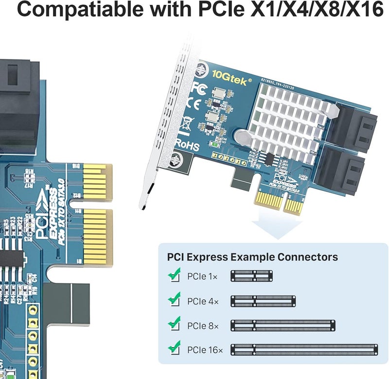 HYFIBER H!Fiber 4 Port PCIe SATA Card with 4 SATA Cable, 6Gbps SATA3.0 Expansion Card, ASMedia ASM1064 chip, PCIe 3.0 X1, Support SSD and HDD, with Full Height and Low Profile Bracket - Image 2